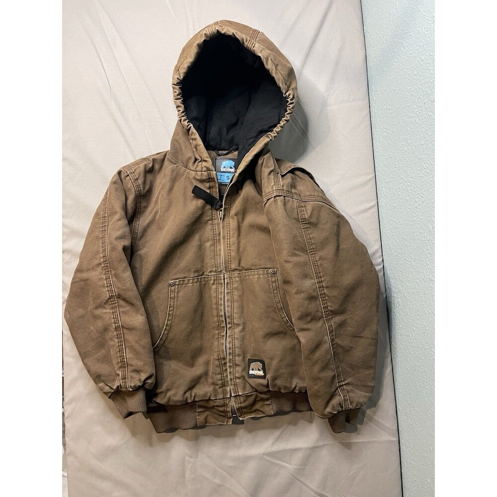 Berne Quilted Lined Canvas Jacket Youth Sz Small(7-8) Brown Hooded Chore Coat
